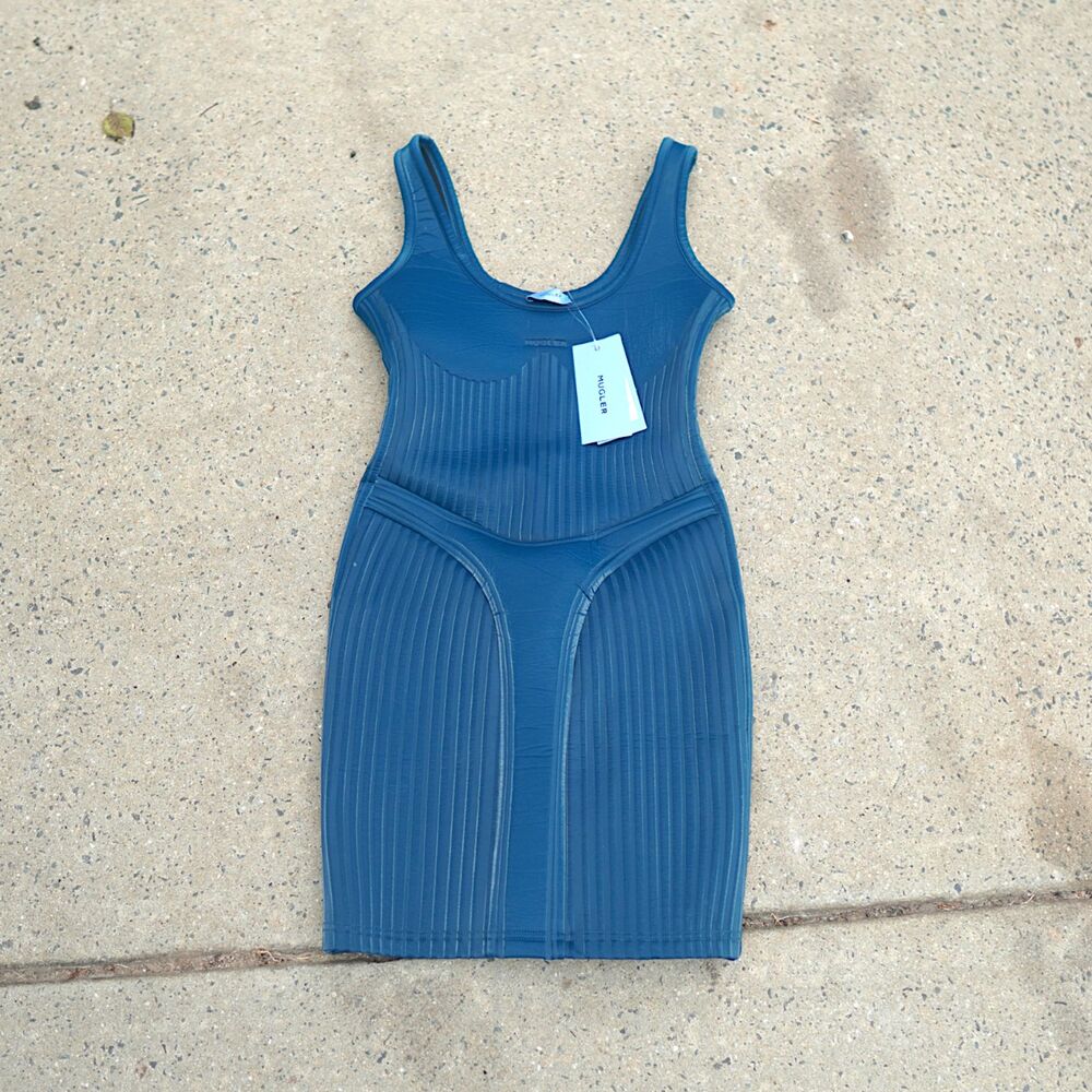 Mugler Teal Glossy Embossed Mini Dress NWT Size 38 Medium Blue Coated Bodycon